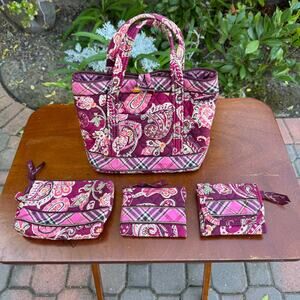 Vera Bradley 4 Piece Set Bag Makeup Bag Change Purse And Wallet Pink Red Floral